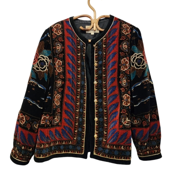 Vintage 80s Saxton Hall rose botanical peacock print Velvet Jacket - Picture 1 of 12